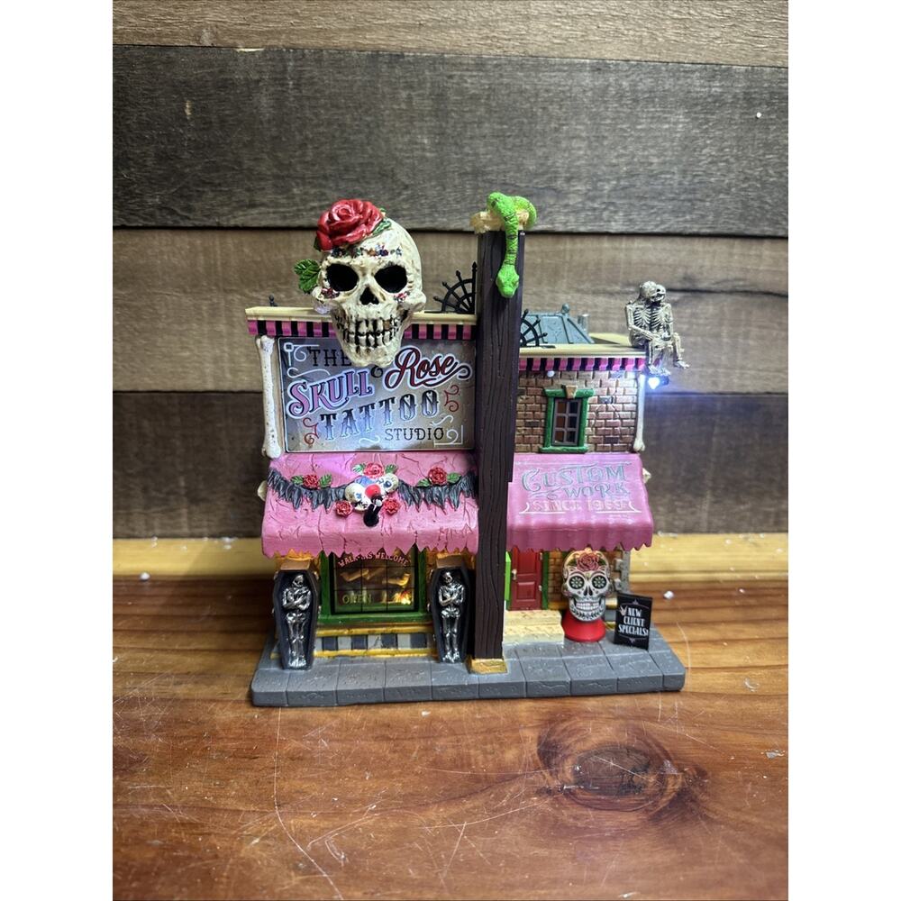 Halloween Lemax Spooky Town, Skull & Rose Tattoo Studio #15751 In Box-flaw